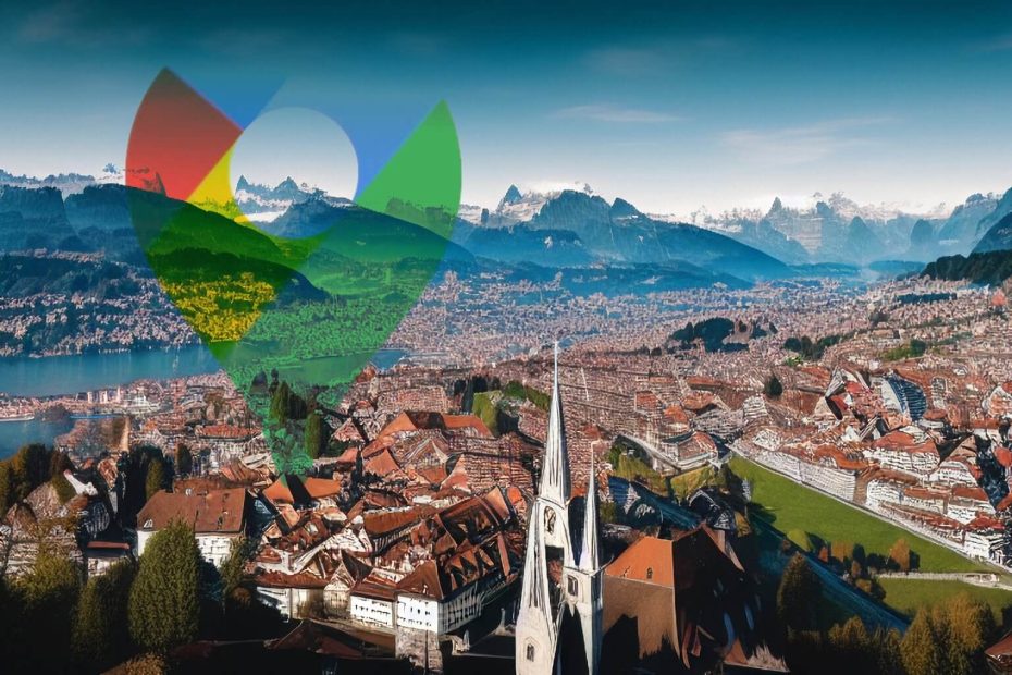 Une ville générée par IA et le logo Google Maps - Source : StockAI