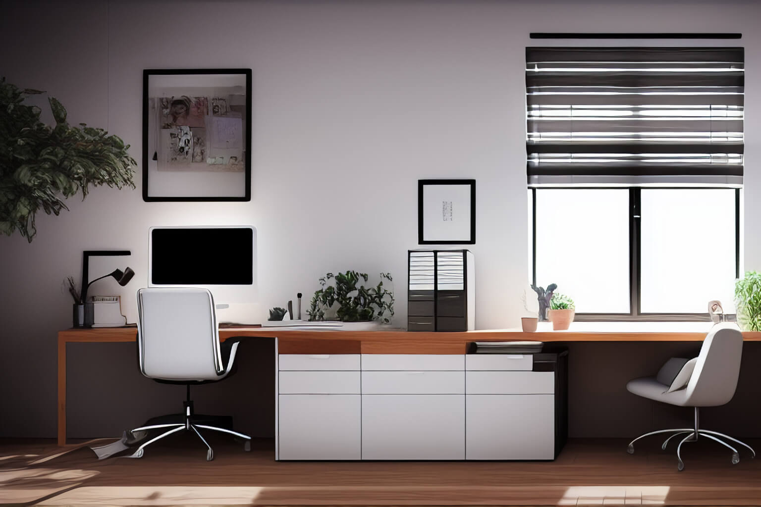 Un bon bureau, un ordinateur généré par cette intelligence artificielle, et vous êtes prêt à rédiger pour le web ! - Source : StockAI