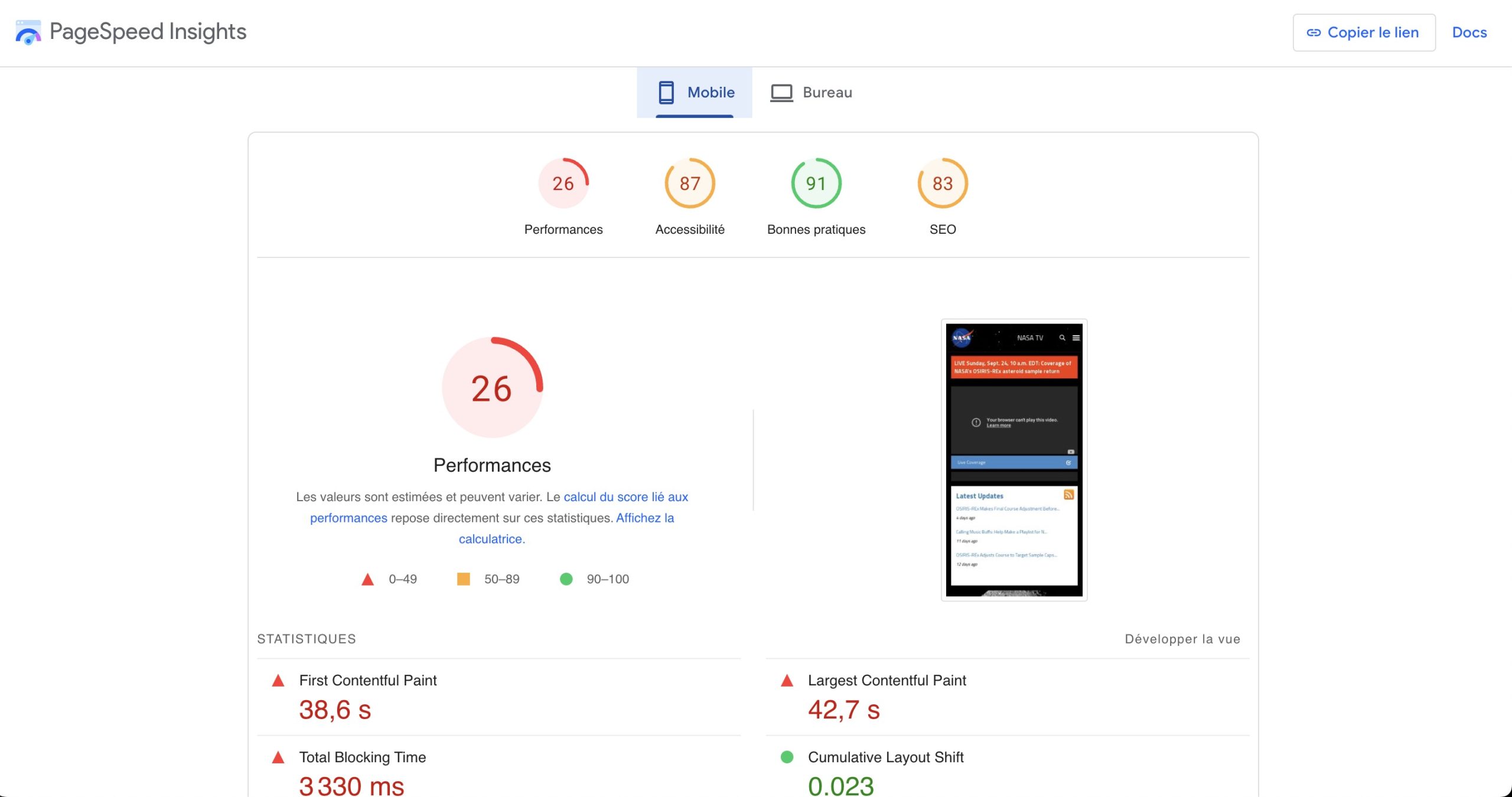 PageSpeed Insights sur le site de la NASA